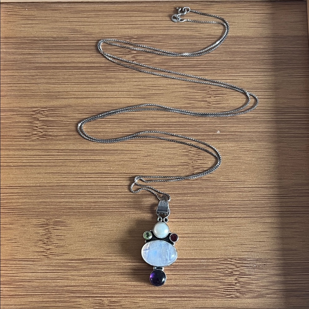 Sterling Silver 925 35 inch necklace with Multi-Stone Pendant